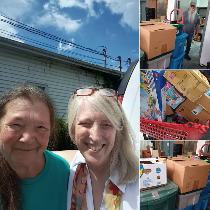 A four-photo collage: two volunteers smiling together outside, boxes of donated toys, and cartons being wheeled in on a hand truck.